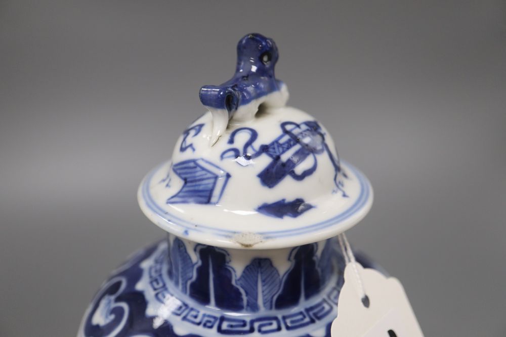 A Chinese blue and white Buddhist Emblems vase and cover, Kangxi mark but c. 1900, overall height 26.5cm